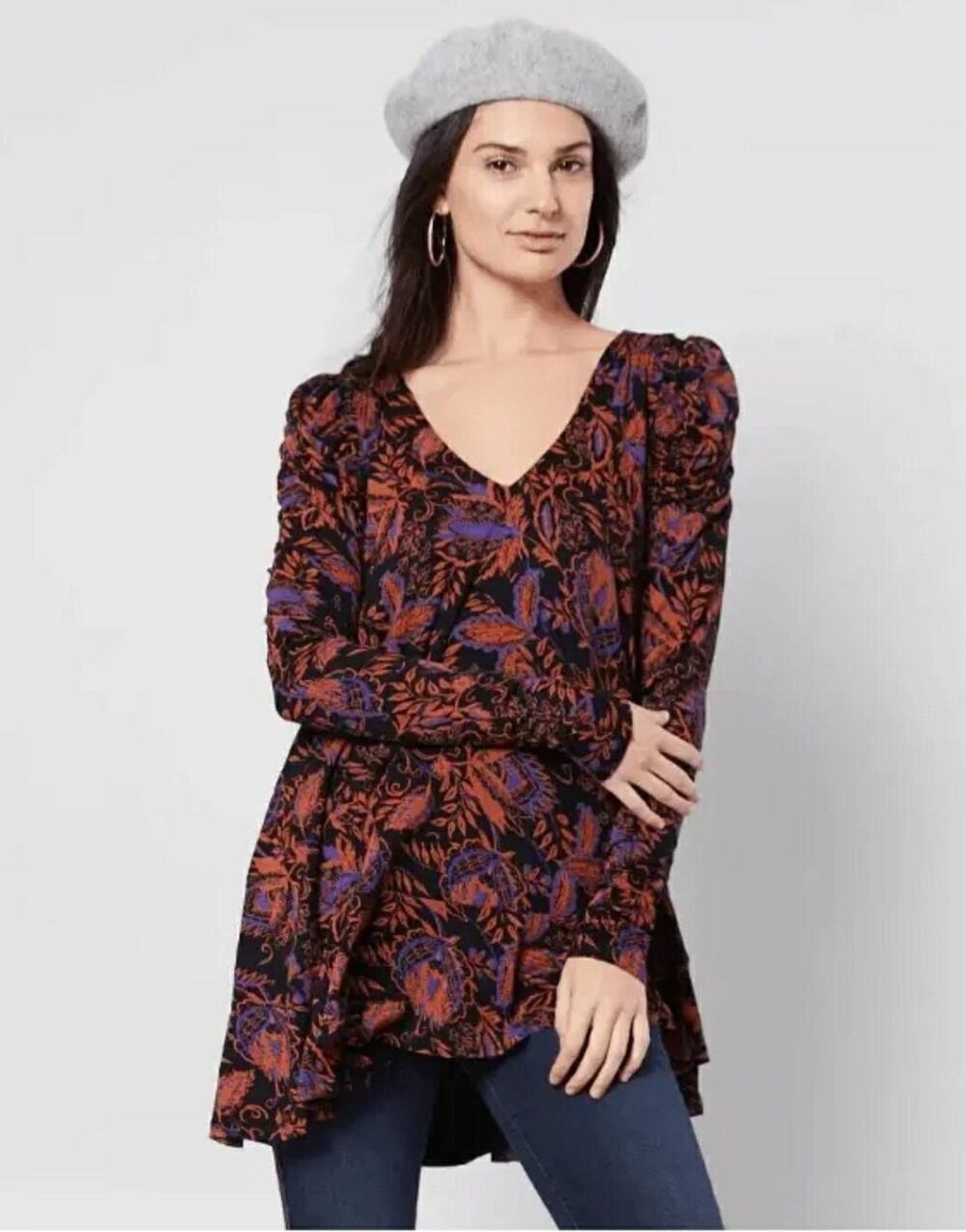 Free People Women Hello Lover Floral Tunic Dress Top Black Long Sleeve XS NWT